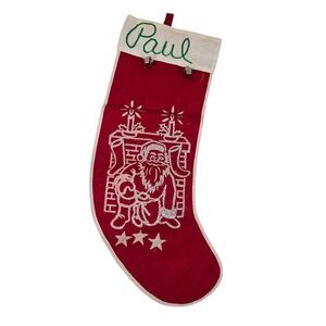 Vintage 60s Red White Christmas Stocking Santa Glitter Design Bells Personalized
